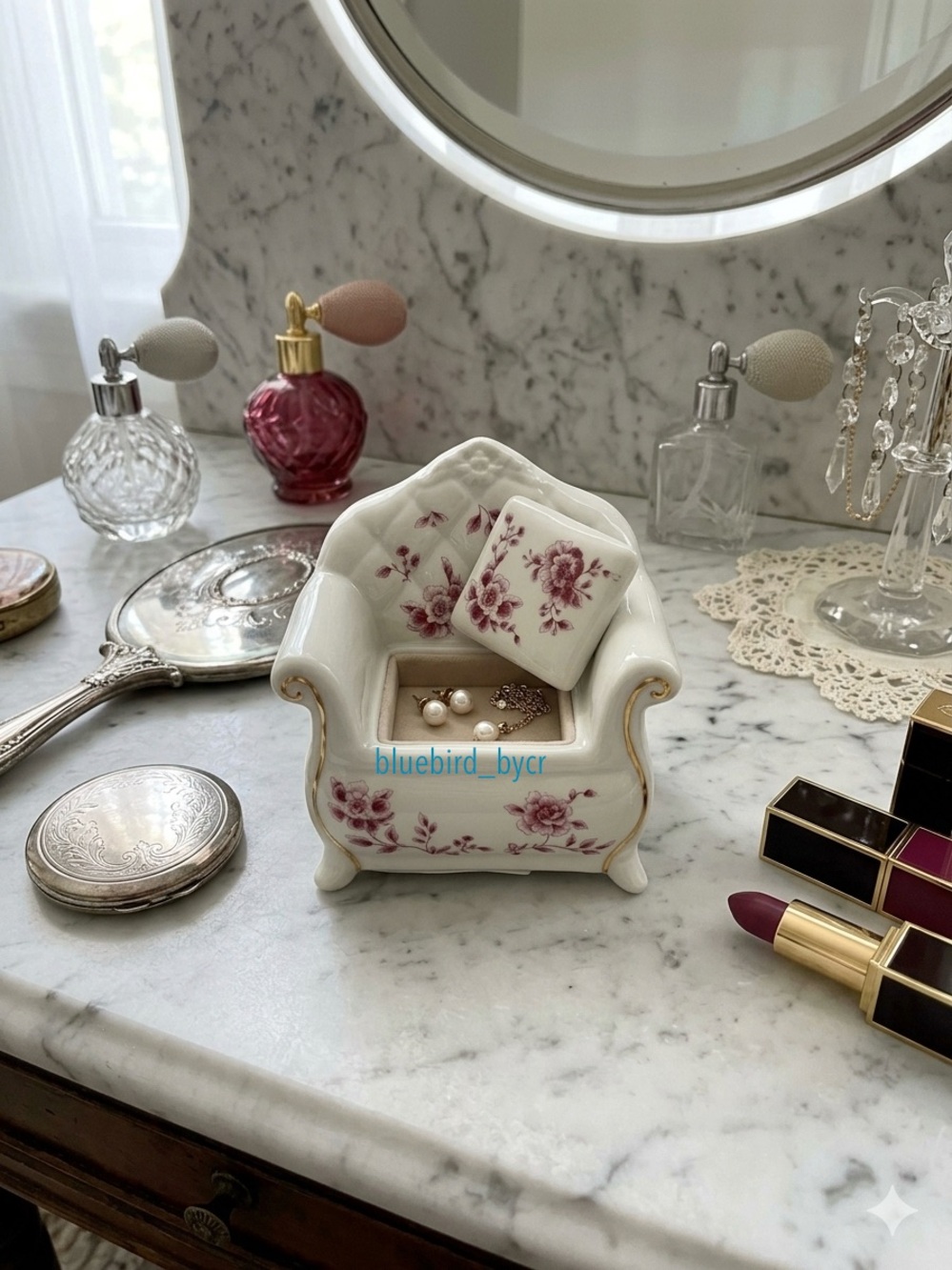 Porcelain Floral Miniature Armchair Trinket Dish - Pink Rose Motif